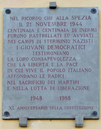 Lapide in via Michele Rossi a Migliarina (anno 1988) a ricordo del rastrellamento del 21 novembre 2024